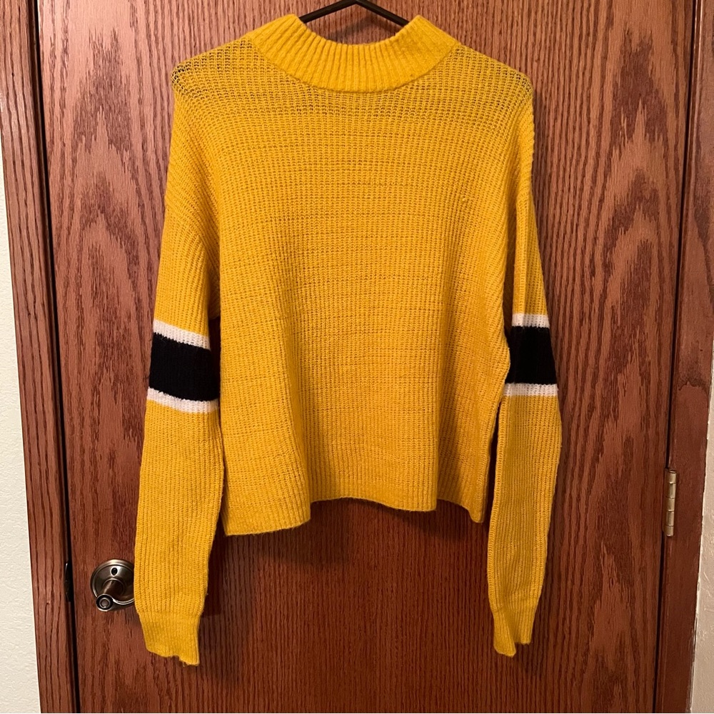 John + Jenn Orange Yellow Mock Neck Striped Band Sleeves Sweater XS